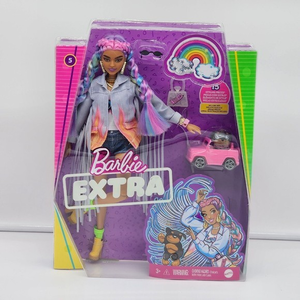 Mattel Barbie Extra Doll #5 Long Rainbow Hair Fringe Denim Jacket +Pet Puppy NEW